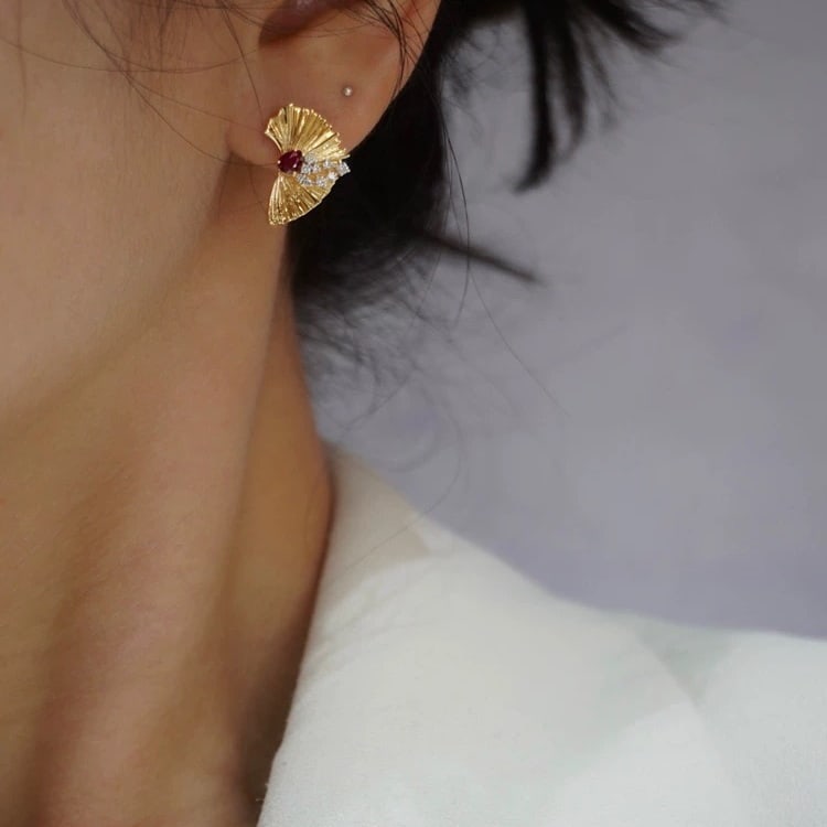 14k Gold 0.58 Ctw Natural Ruby & Diamond Earrings - 5