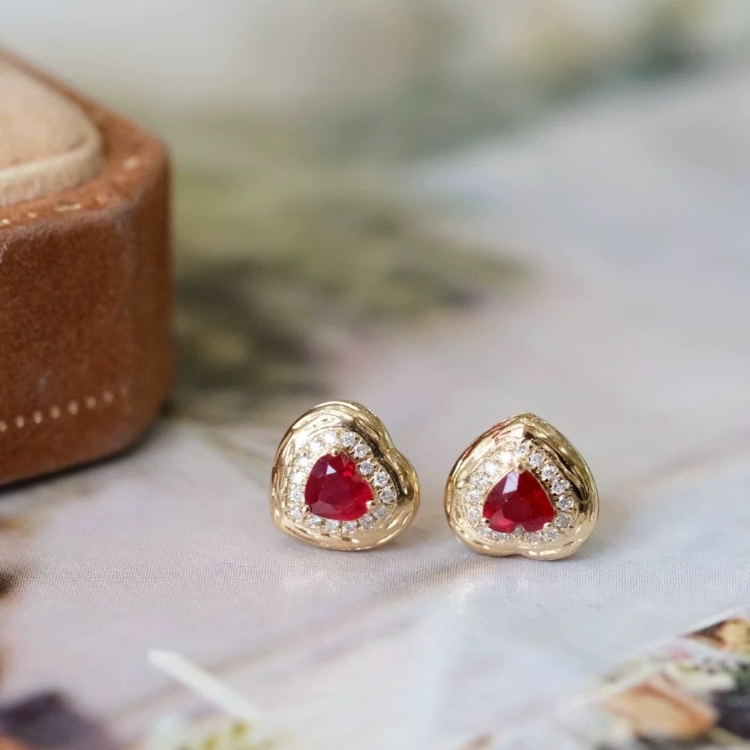 14k Gold 0.36 Ct Vivid Red Natural Ruby & Diamond Earrings - 3