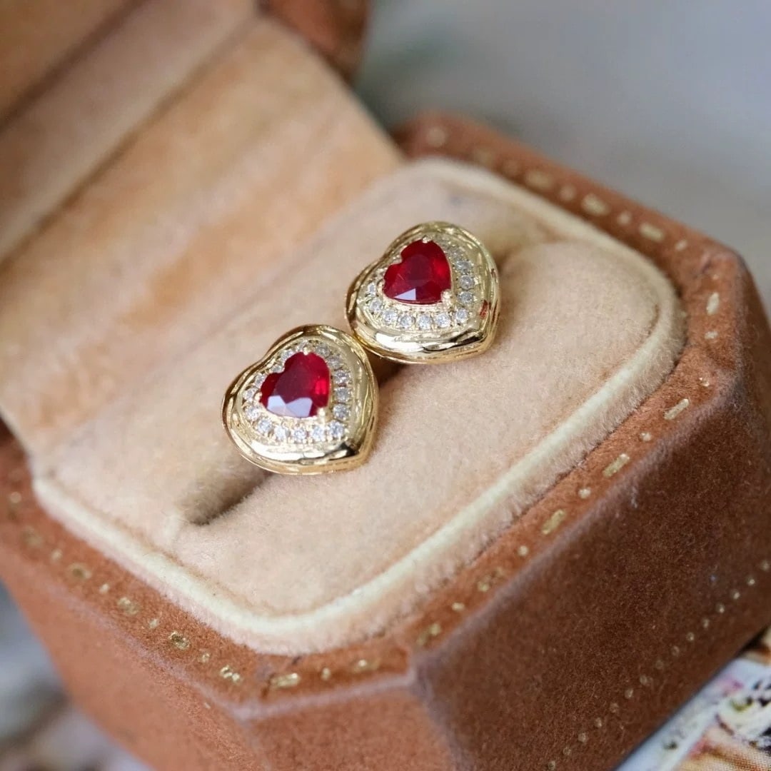 14k Gold 0.36 Ct Vivid Red Natural Ruby & Diamond Earrings - 4