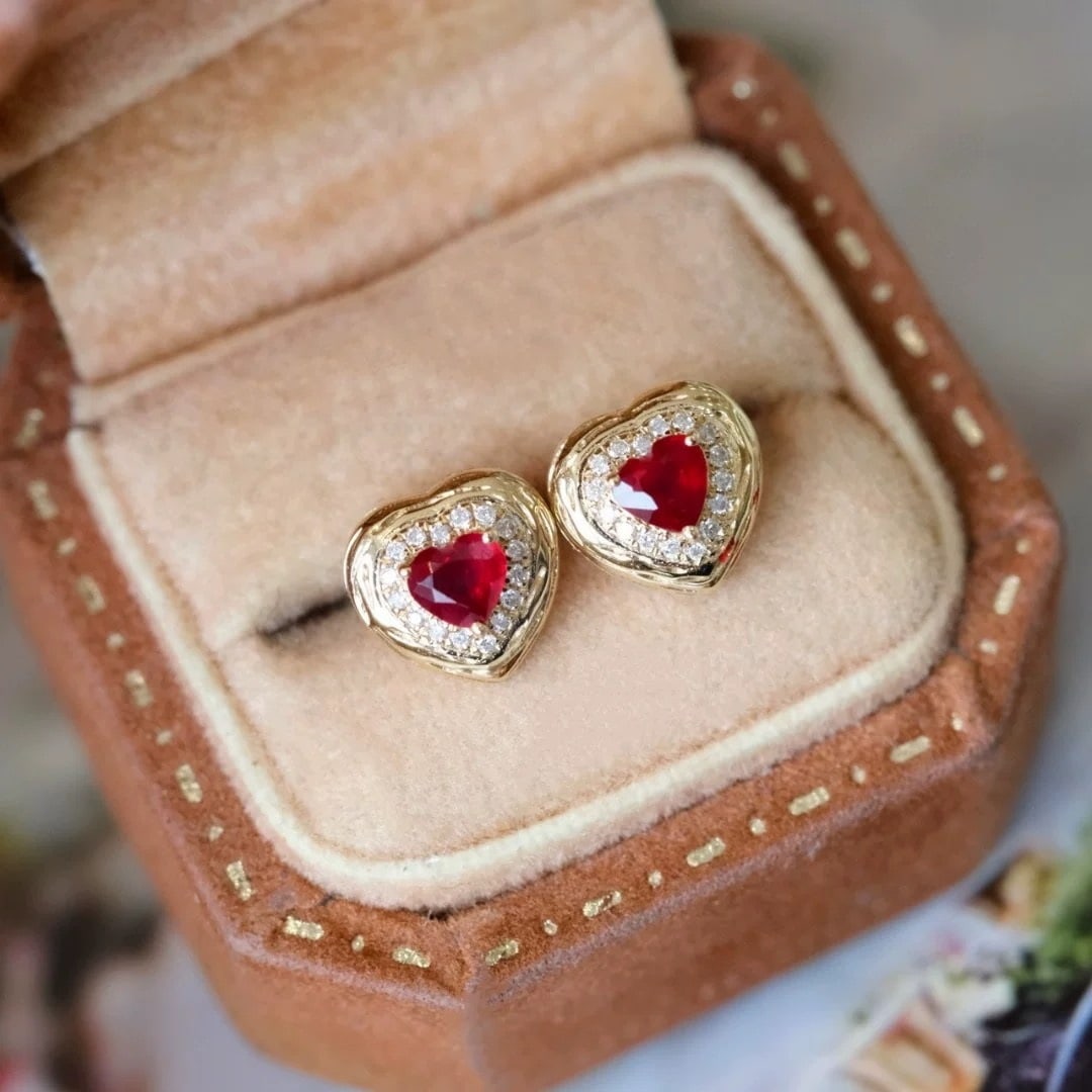 14k Gold 0.36 Ct Vivid Red Natural Ruby & Diamond Earrings - 5