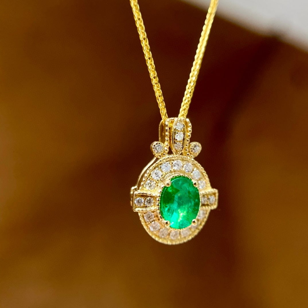 14k Gold 0.3 Ct Natural Emerald & Diamond Pendant( Without Chain ) - 2