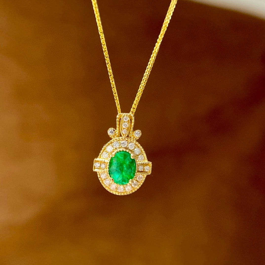 14k Gold 0.3 Ct Natural Emerald & Diamond Pendant( Without Chain ) - 3
