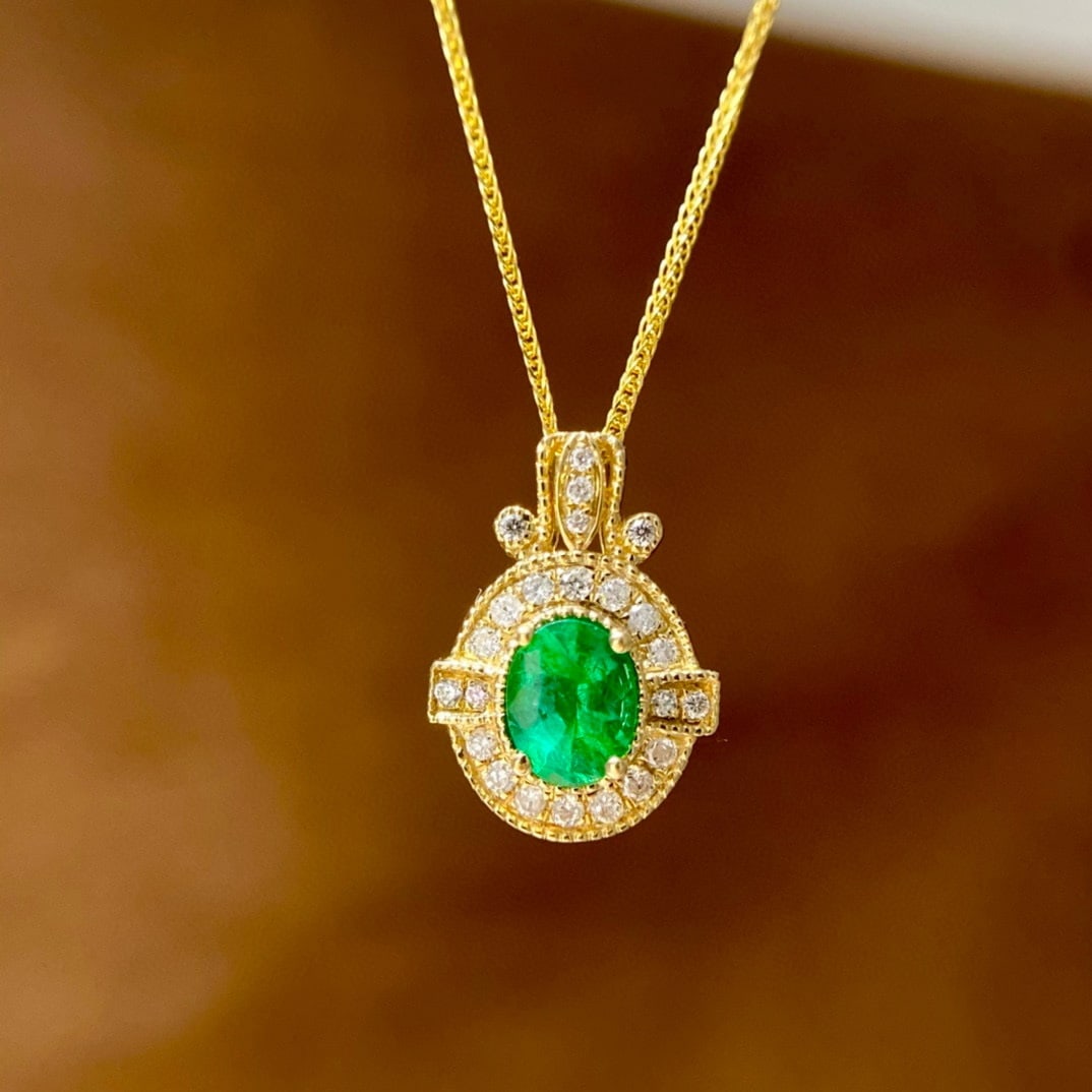 14k Gold 0.3 Ct Natural Emerald & Diamond Pendant( Without Chain ) - 6