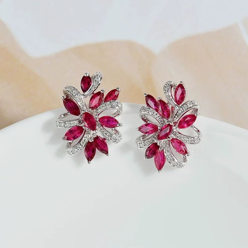 14k Gold 1.94 Ctw Natural Ruby & Diamond Earrings: Ref:230967131 // gold content:14k gold // main gemstone:ruby // shape:marquise // carat weight:1. 83ct // color:red // treatment:natural // // adjacent gemstone 2 : diamond // shape:round // carat