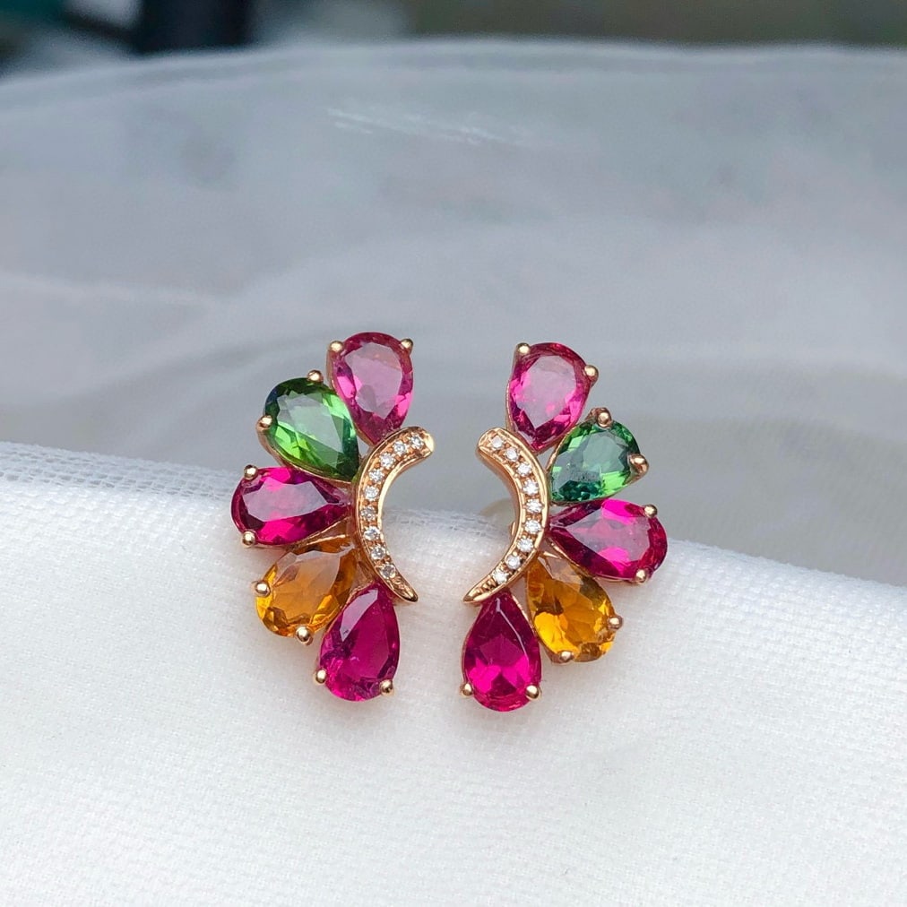 14k Gold 3.55 Ct Natural Tourmaline & Diamond Earrings: Ref:230967149 // gold content:14k gold // main gemstone:tourmaline // shape:pear // carat weight:3. 55ct // color:color // treatment:natural // // adjacent gemstone 2 : diamond // number of stones:18