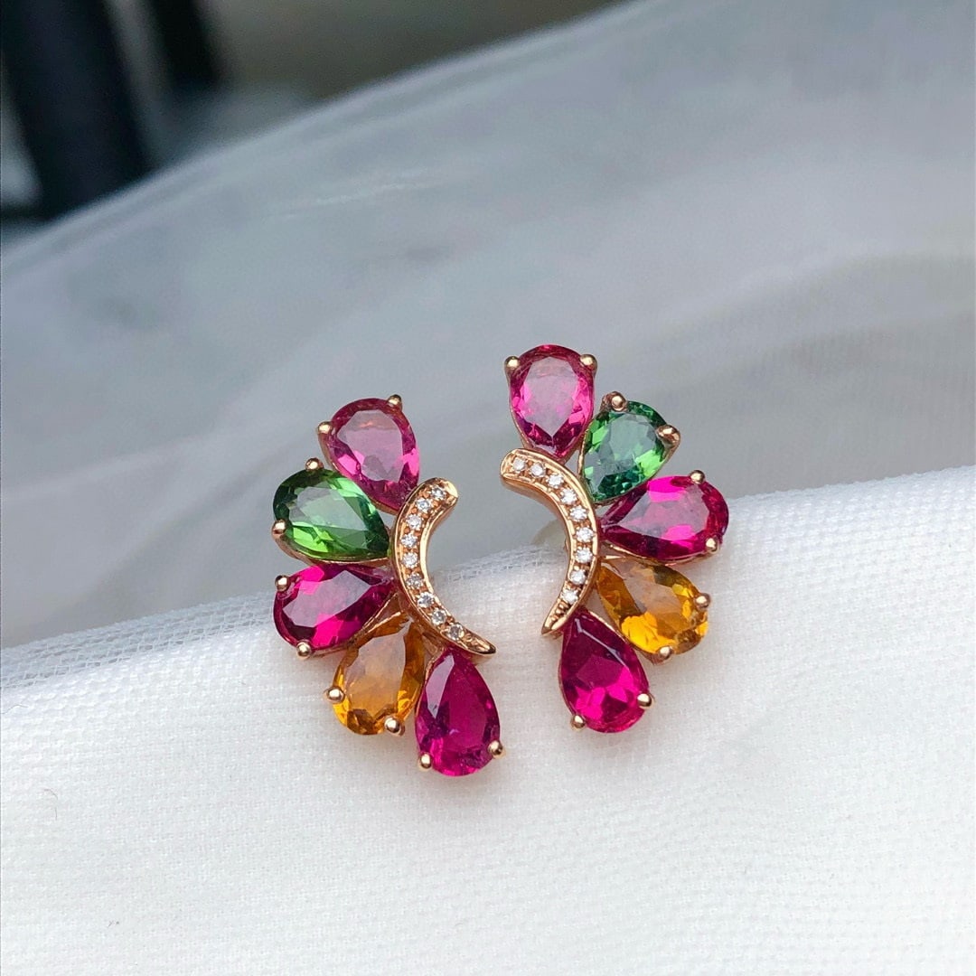 14k Gold 3.55 Ct Natural Tourmaline & Diamond Earrings - 2