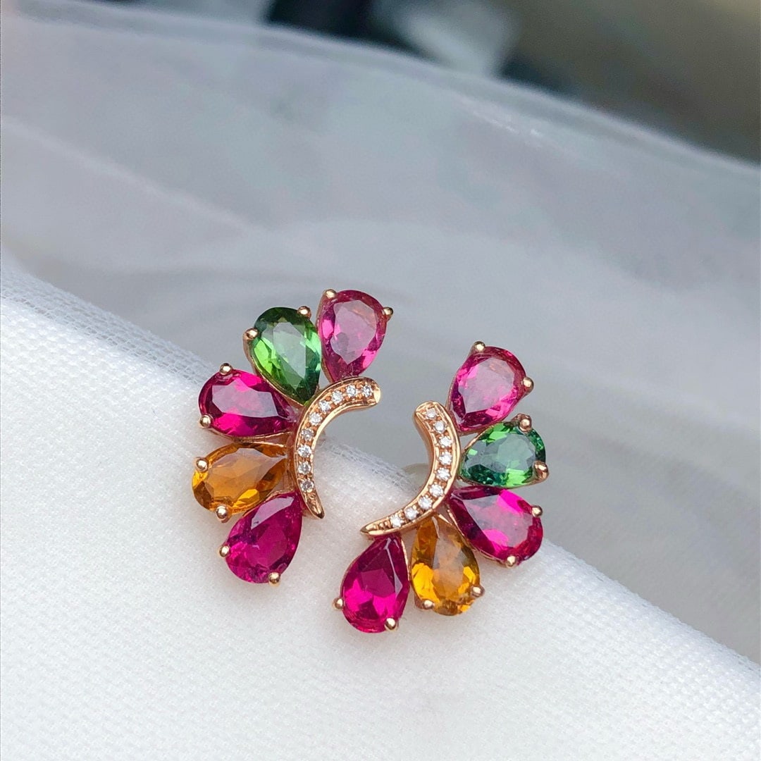 14k Gold 3.55 Ct Natural Tourmaline & Diamond Earrings - 3