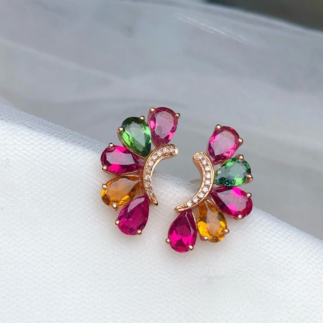 14k Gold 3.55 Ct Natural Tourmaline & Diamond Earrings - 4