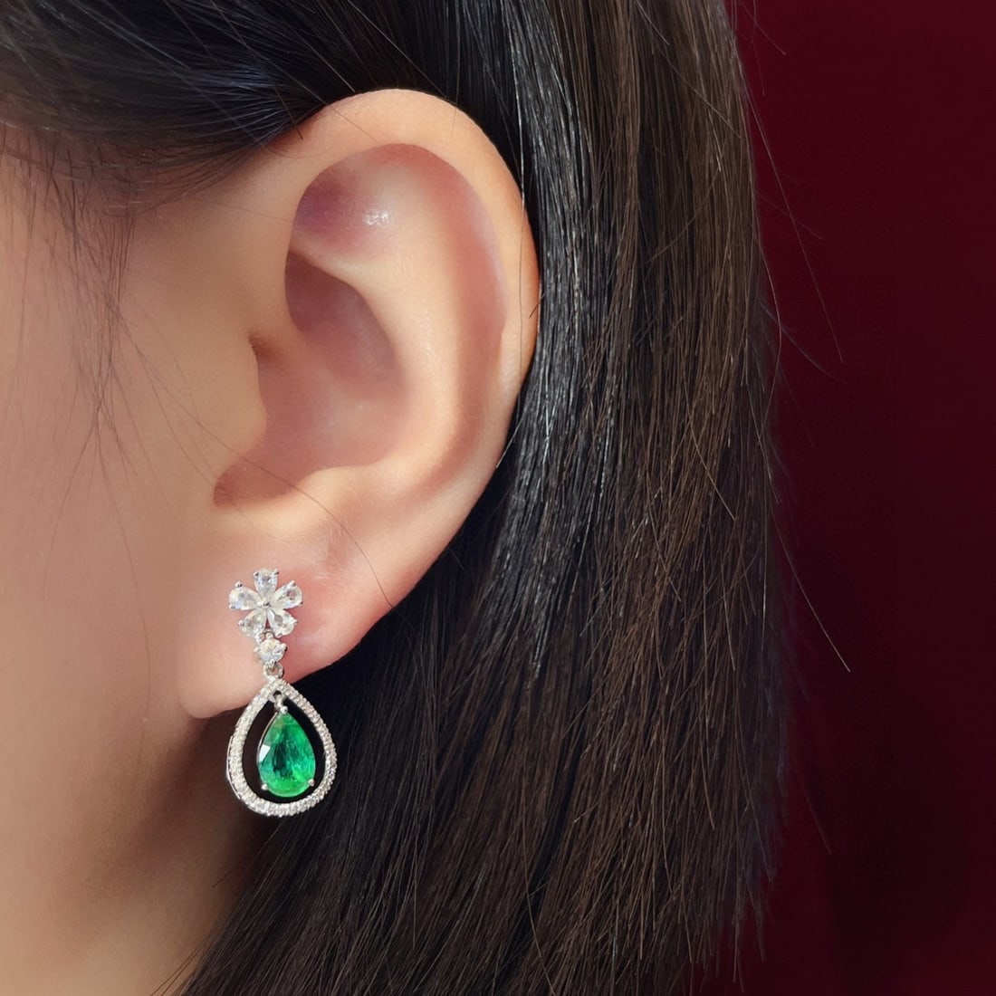 14k Gold 1.76 Ct Natural Emerald & Diamond & Sapphire Earrings - 4