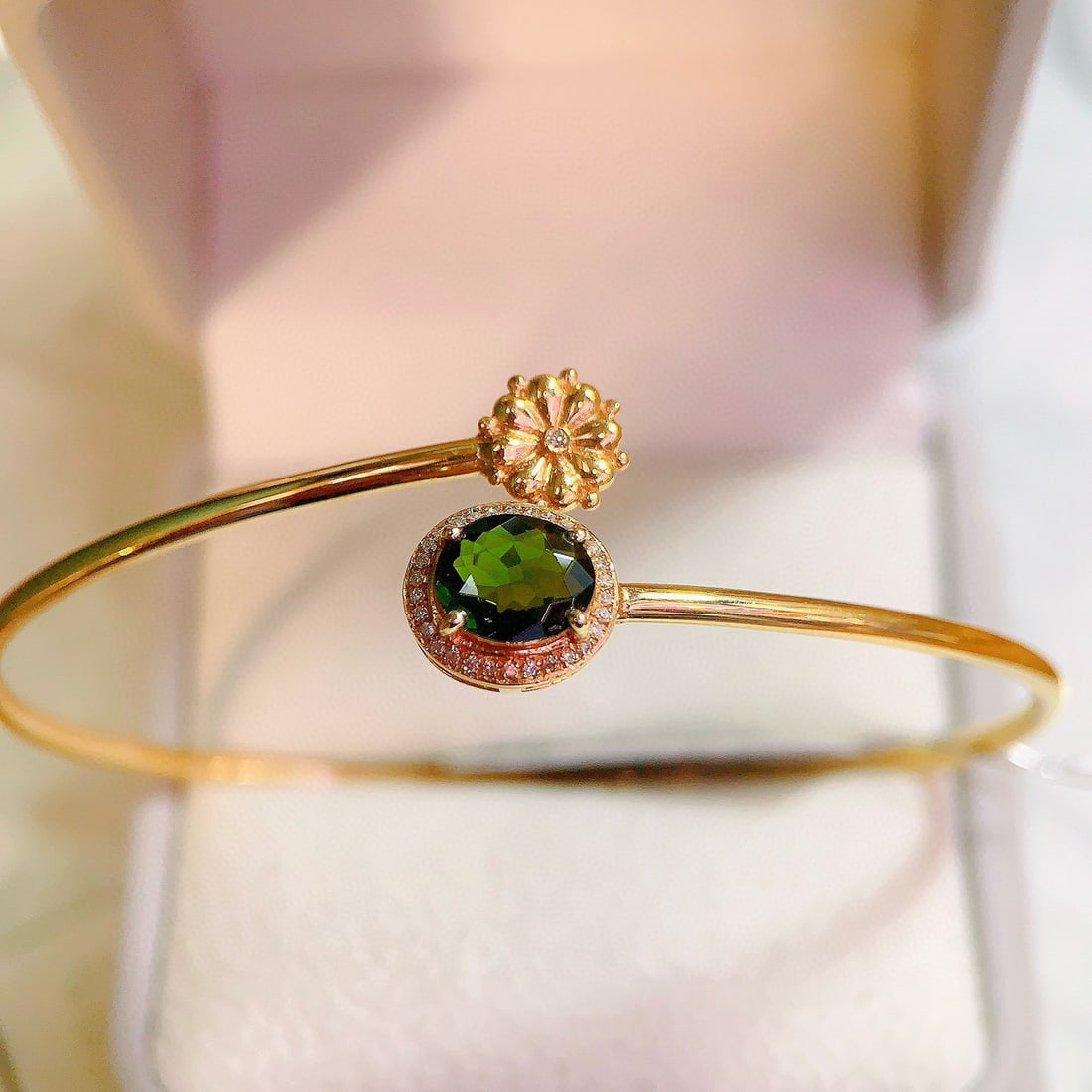 14k Gold 1.35 Ctw Natural Tourmaline & Diamond Bangle - 2