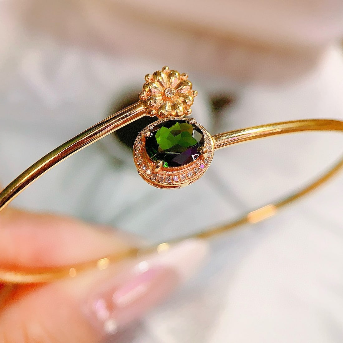 14k Gold 1.35 Ctw Natural Tourmaline & Diamond Bangle - 3