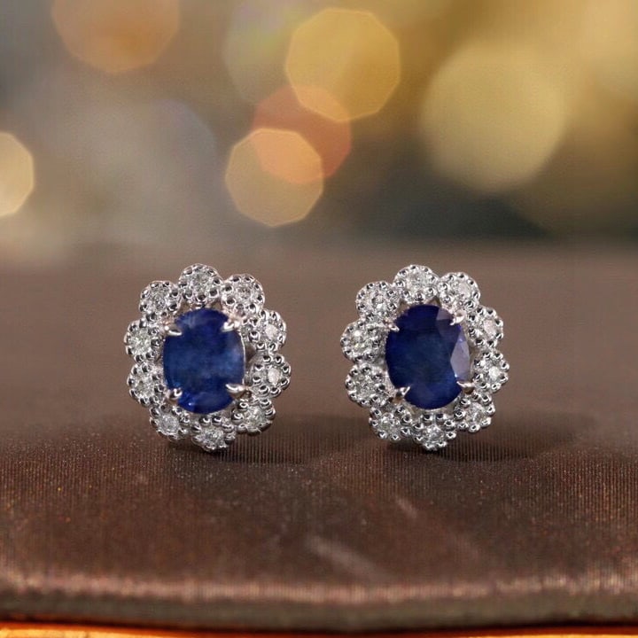 14k Gold 1.12 Ctw Natural Sapphire & Diamond Earrings - 4