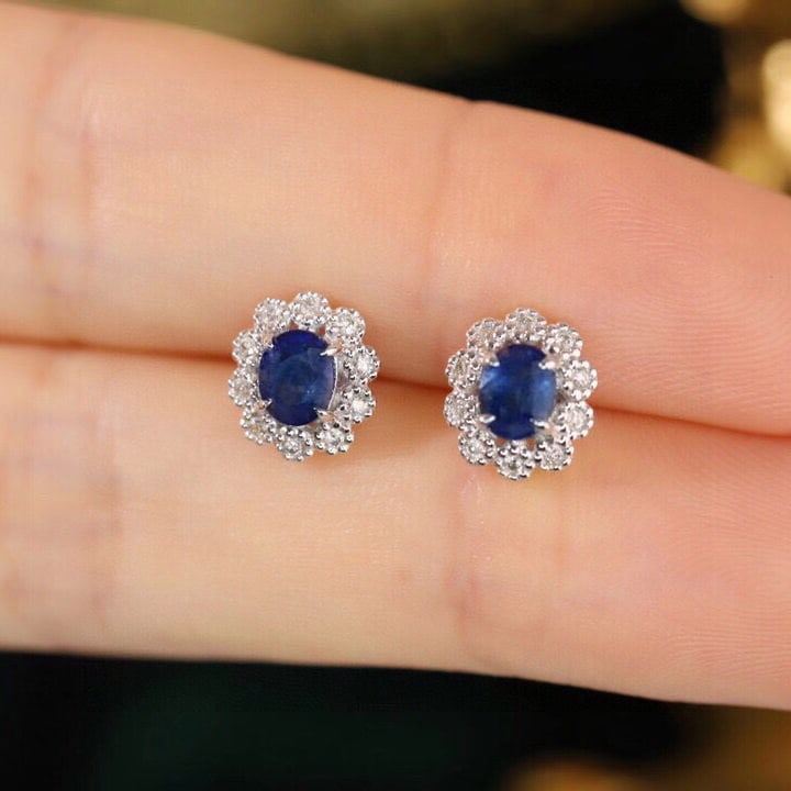 14k Gold 1.12 Ctw Natural Sapphire & Diamond Earrings - 7