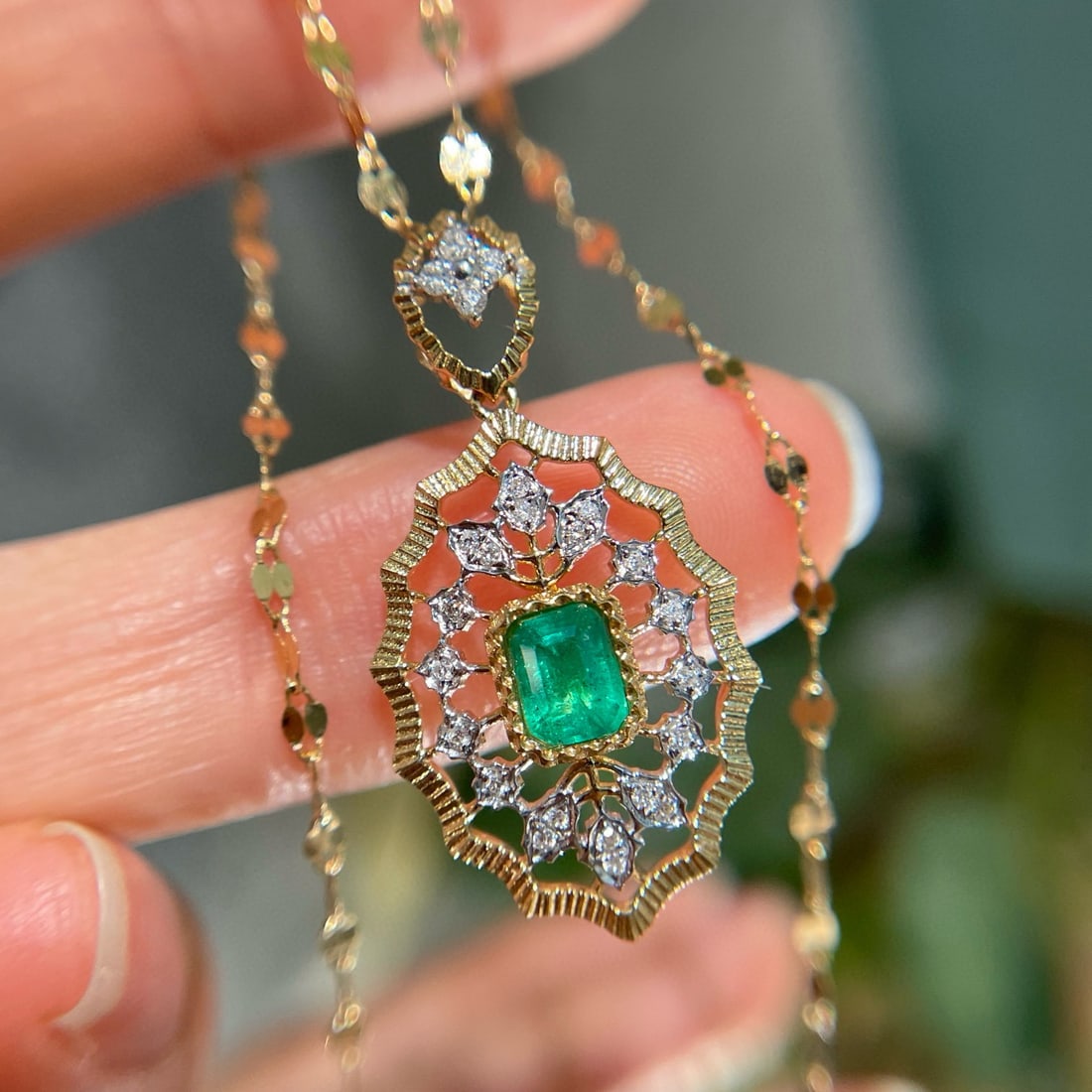 14k Gold 0.4 Ct Vivid Green Natural Emerald & Diamond Pendant( Without Chain ) - 4