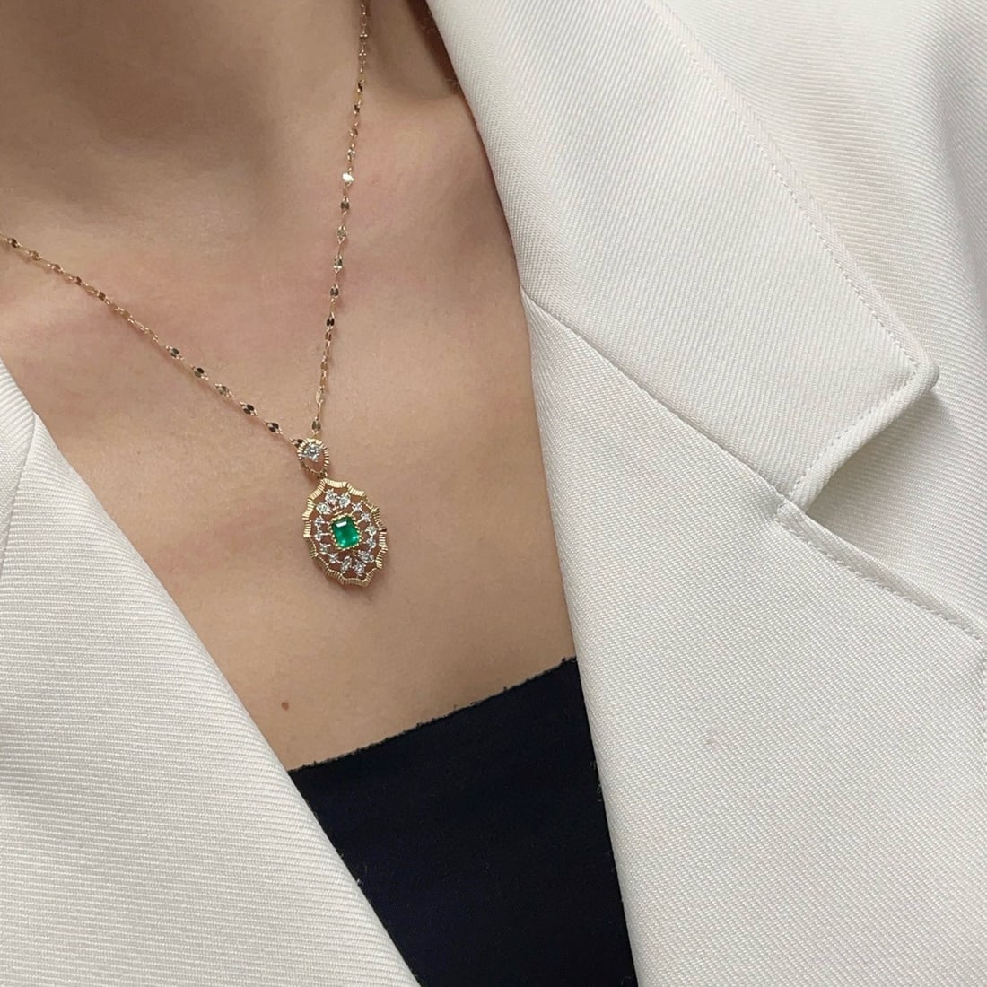 14k Gold 0.4 Ct Vivid Green Natural Emerald & Diamond Pendant( Without Chain ) - 5
