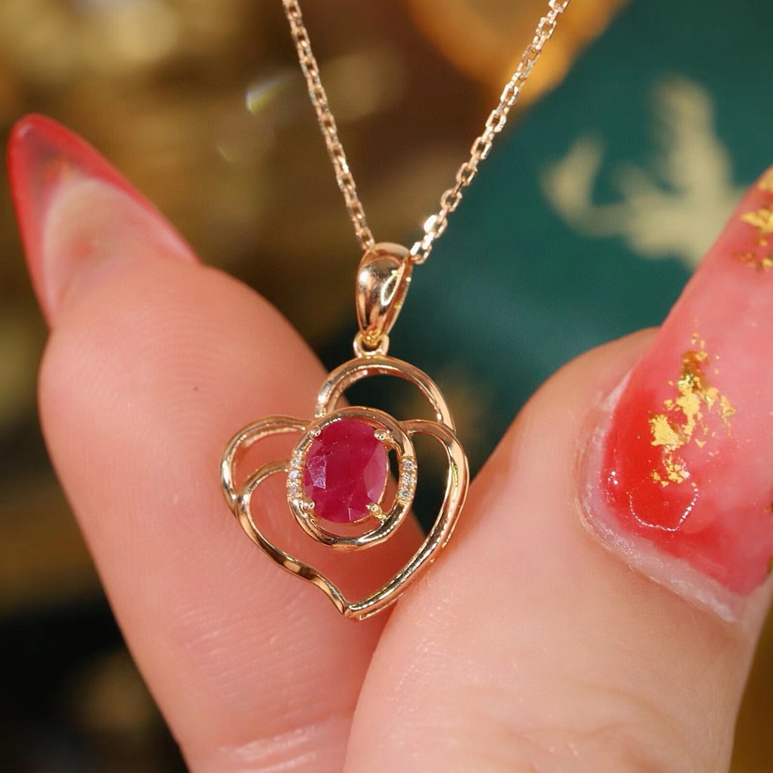 14k Gold 0.43 Ctw Natural Ruby & Diamond Necklace - 6