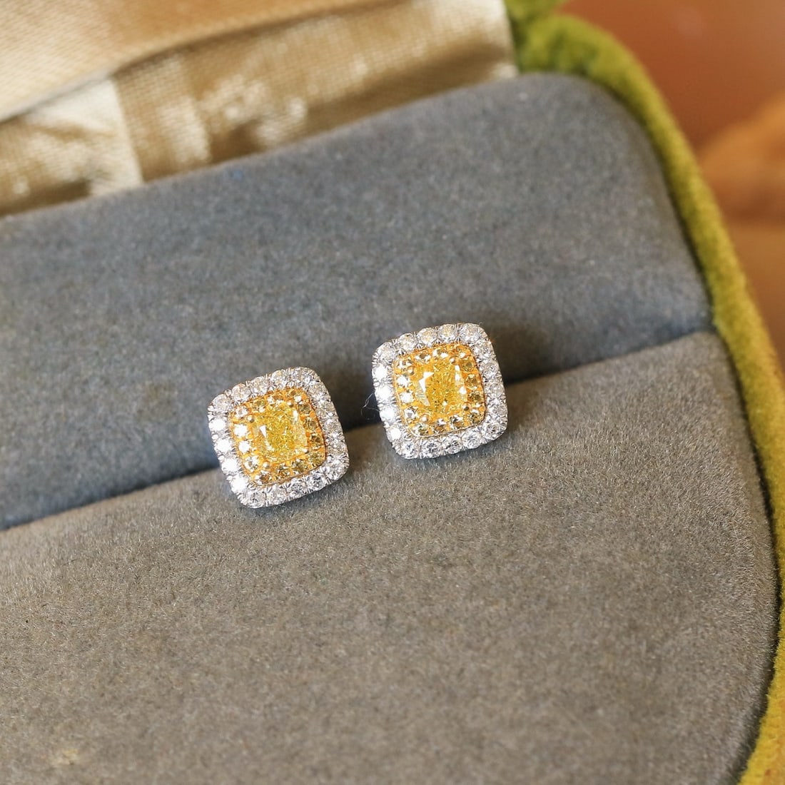 14k Gold 0.42 Ctw Natural Yellow Diamond & Sapphire Earrings: Ref:230967256 // gold content:14k gold // main gemstone:yellow diamond // shape:cushion // carat weight:0. 3ct // color:yellow // treatment:natural // // adjacent gemstone 2 : sapphire // shape:round