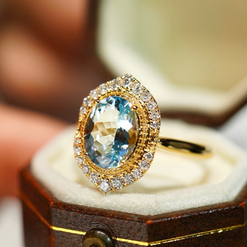 14k Gold 1.4 Ct Natural Aquamarine & Diamond Ring - 7