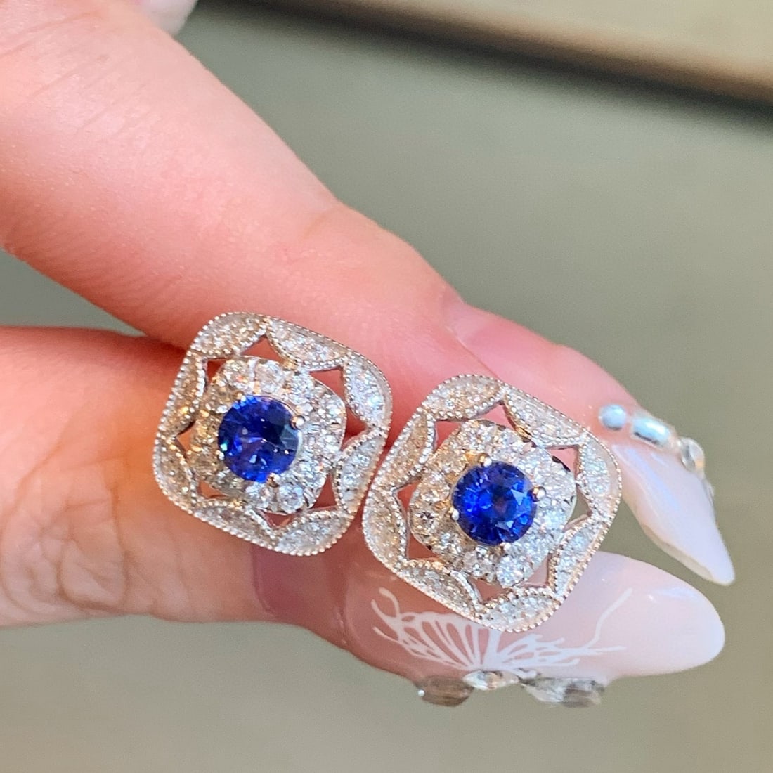 14k Gold 1.43 Ctw Natural Sapphire & Diamond Earrings - 4