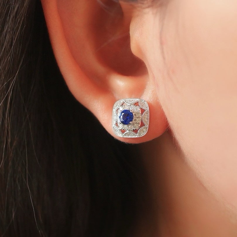 14k Gold 1.43 Ctw Natural Sapphire & Diamond Earrings - 6