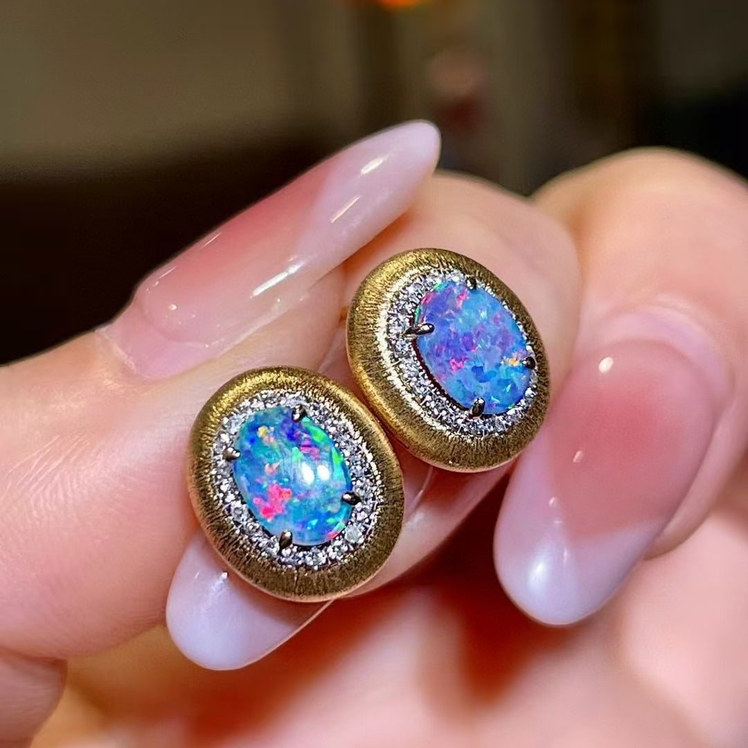14k Gold 1.21 Ctw Natural Opal & Diamond Earrings - 2