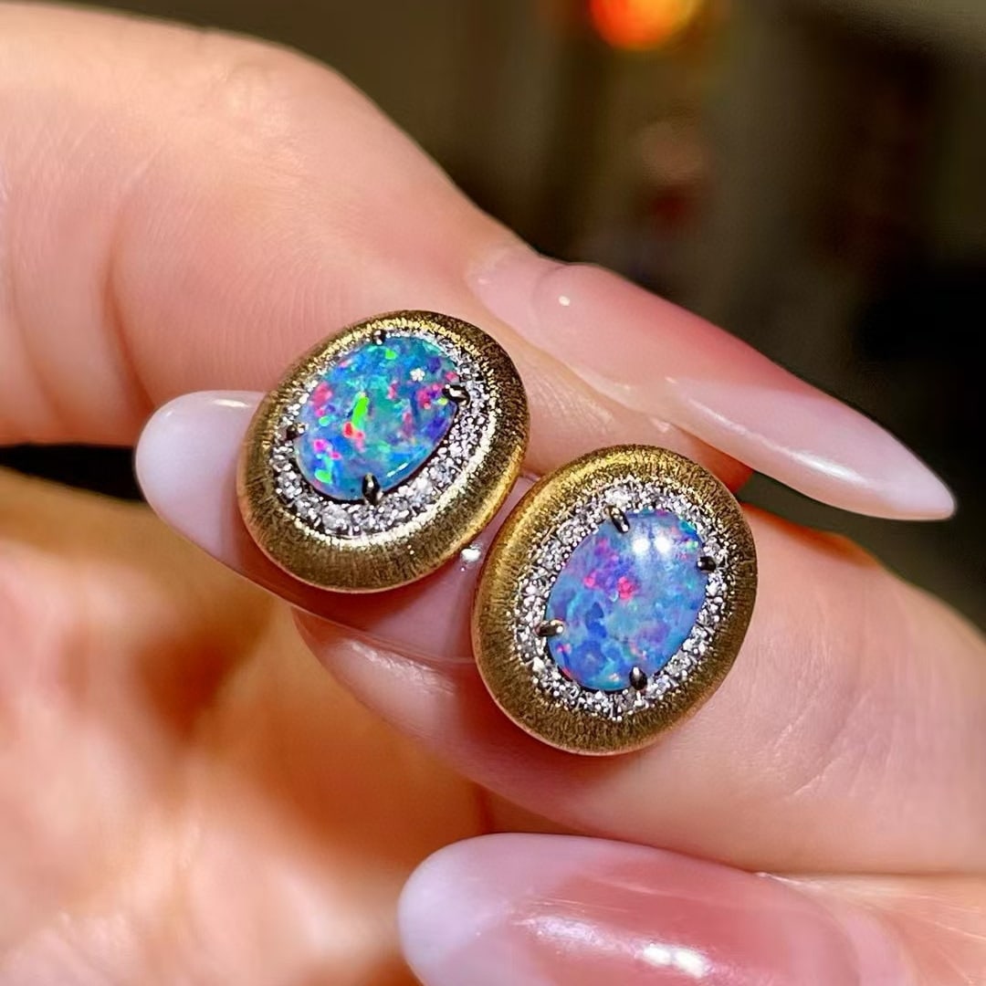 14k Gold 1.21 Ctw Natural Opal & Diamond Earrings - 3