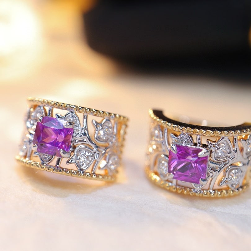 14k Gold 1.20 Ctw Natural Sapphire & Diamond Earrings: Ref:230968099 // gold content:14k gold // main gemstone:sapphire // shape:octagonal // carat weight:1. 02ct // color:purple // treatment:natural // // adjacent gemstone 2 : diamond // shape:round //