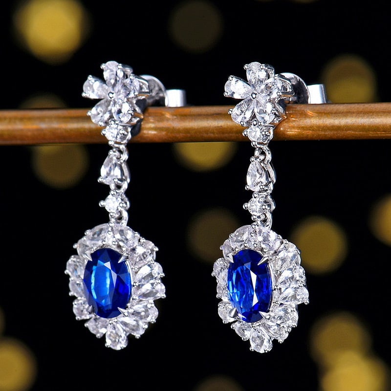 14k Gold 2.37 Ctw Vivid Blue Natural Sapphire & Sapphire Earrings - 2