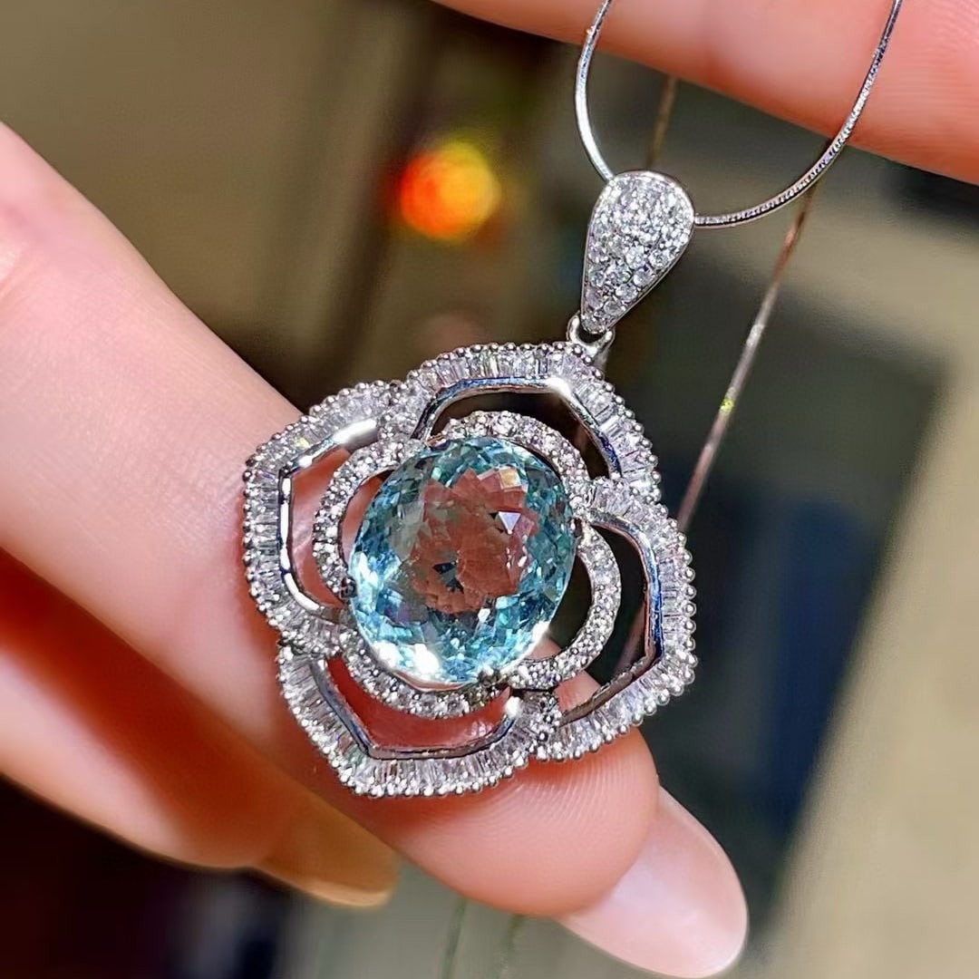 14k Gold 4.90 Ctw Natural Aquamarine & Diamond Pendant( Without Chain ) - 3
