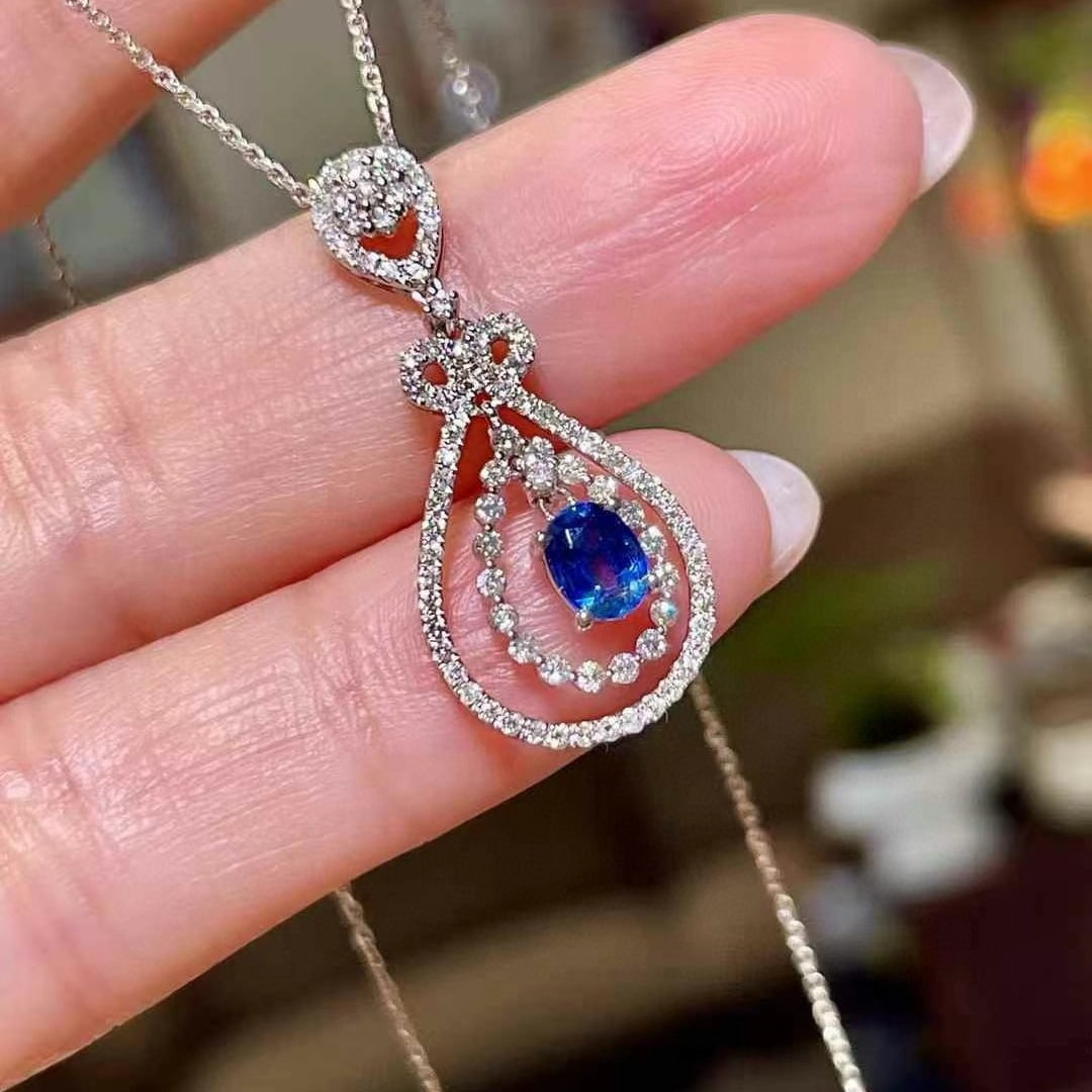 14k Gold 1.07 Ctw Natural Sapphire & Diamond Pendant( Without Chain ) - 2