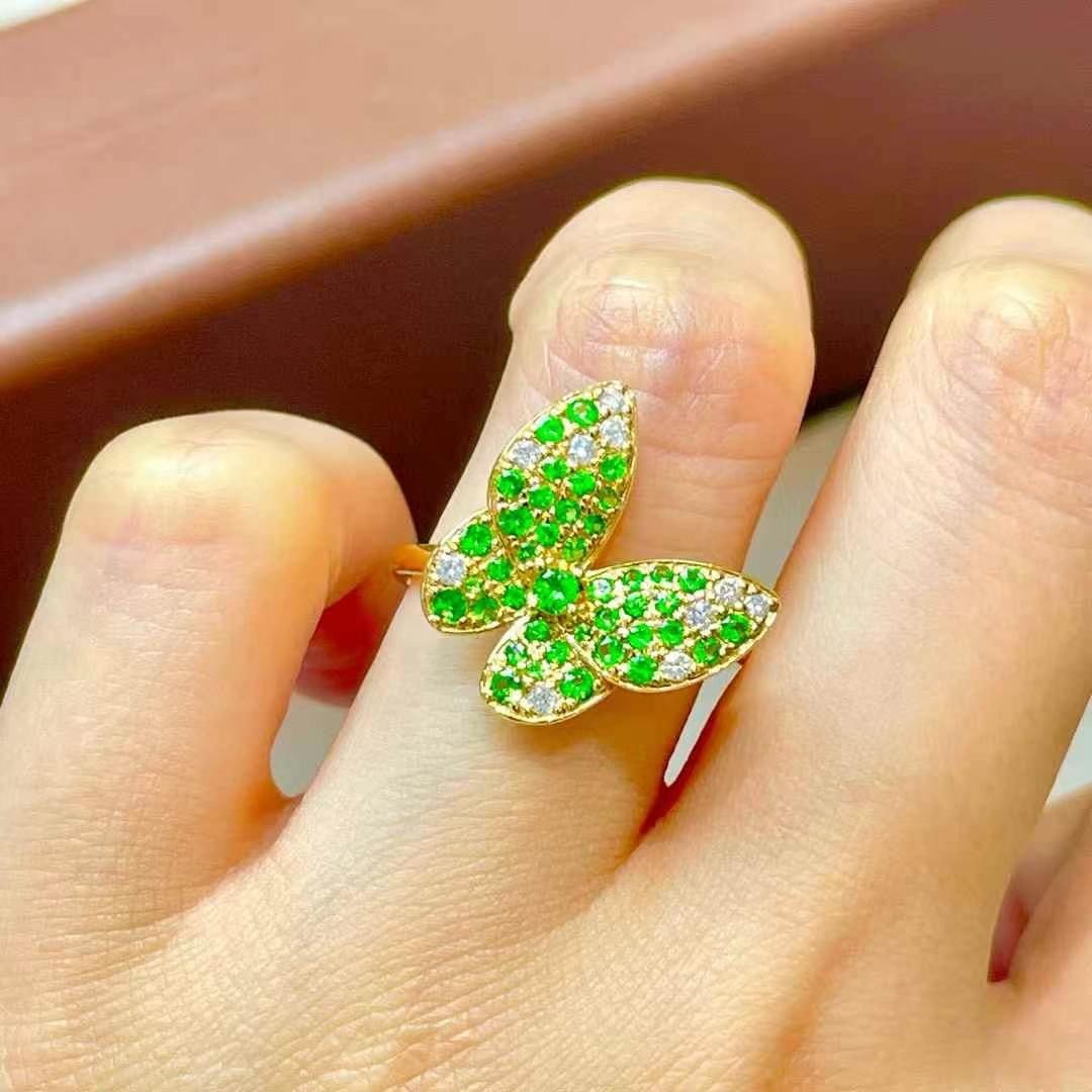 14k Gold 0.92 Ctw Natural Tsavorite & Diamond & Butterfly Ring - 2