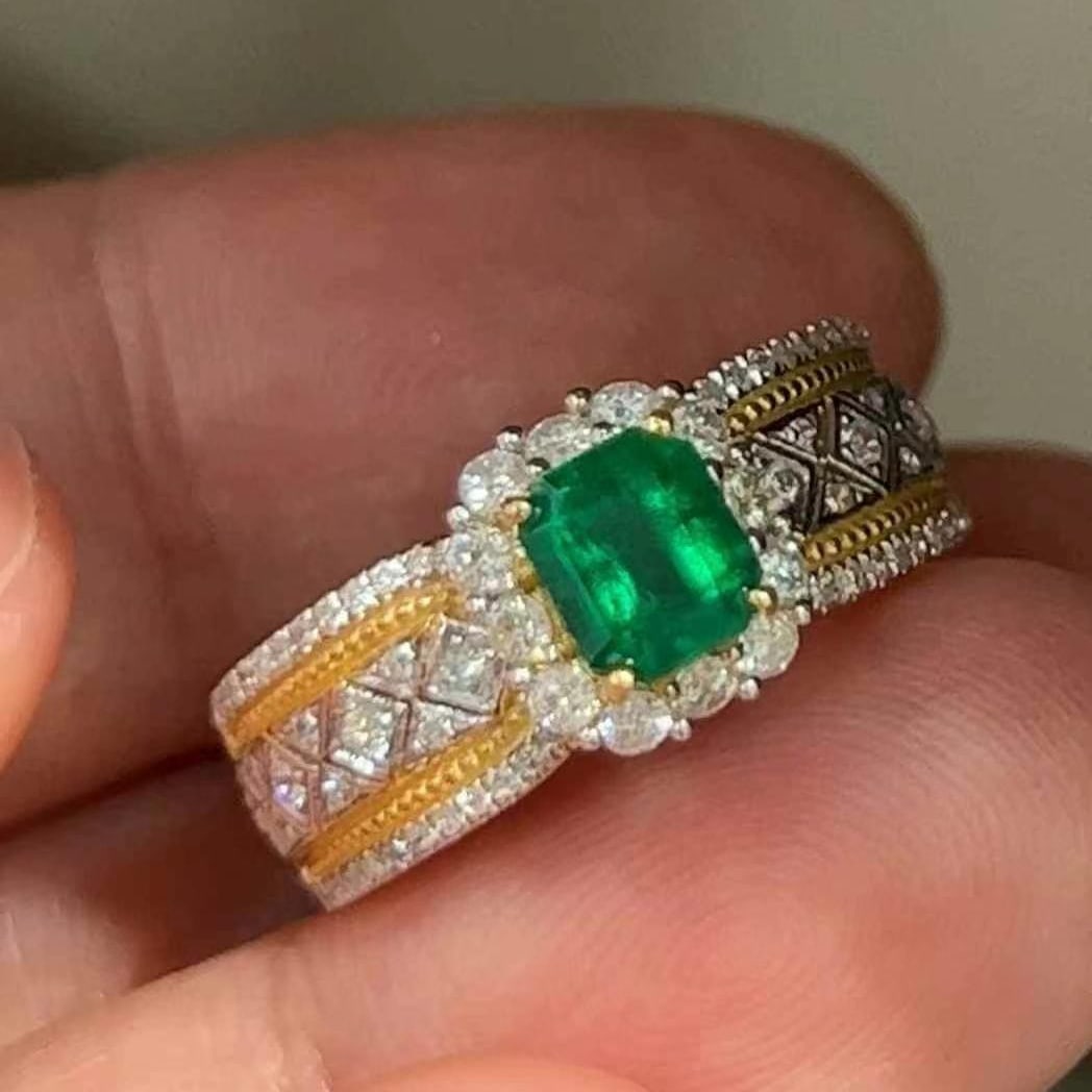 14k Gold 1.28 Ctw Vivid Green Natural Emerald & Diamond Ring - 2