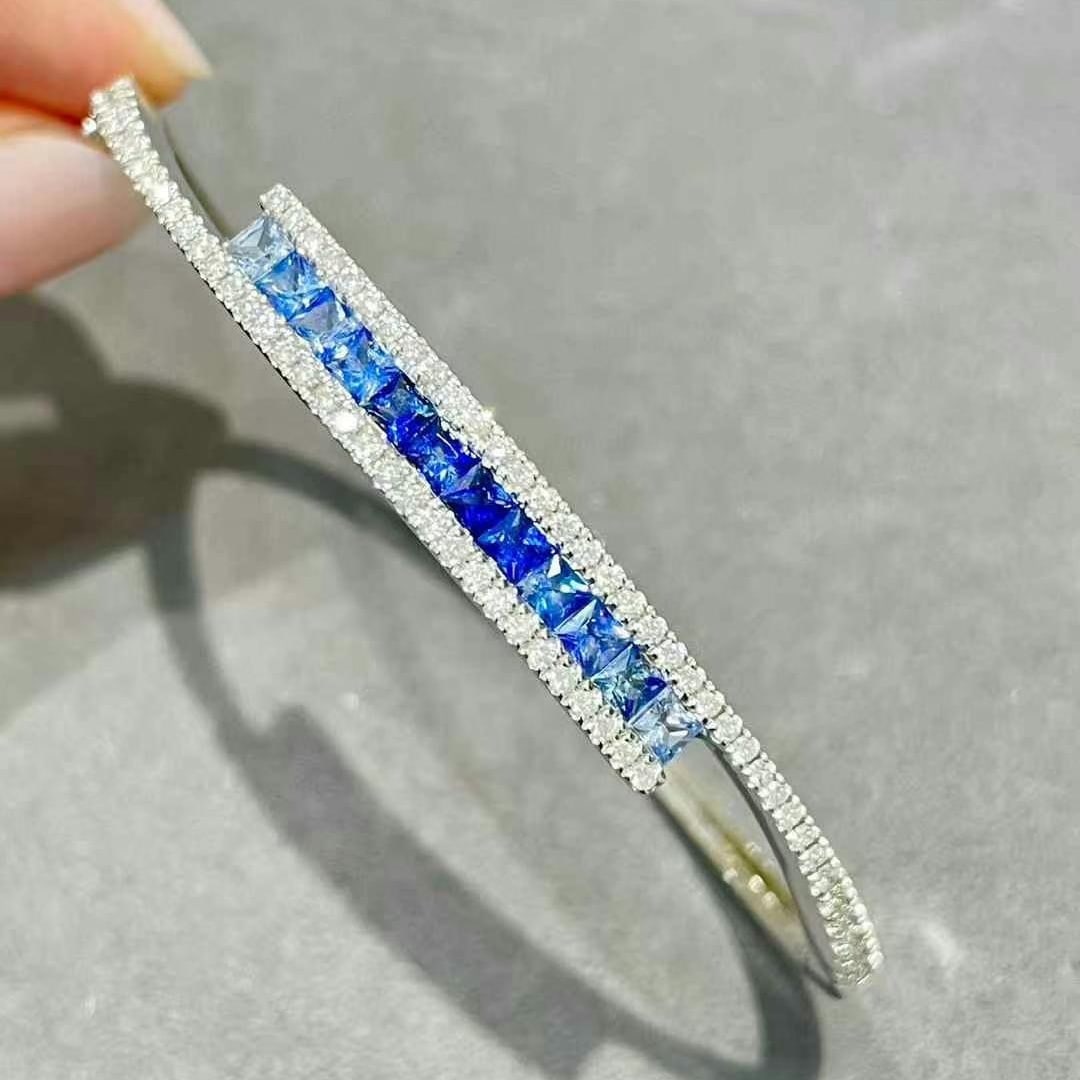 14k Gold 2.25 Ctw Natural Sapphire & Diamond Bangle - 3