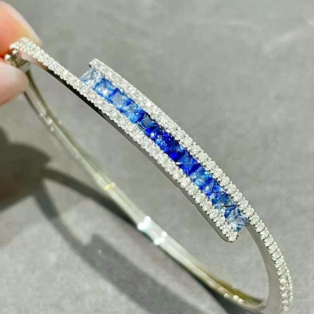 14k Gold 2.25 Ctw Natural Sapphire & Diamond Bangle - 4