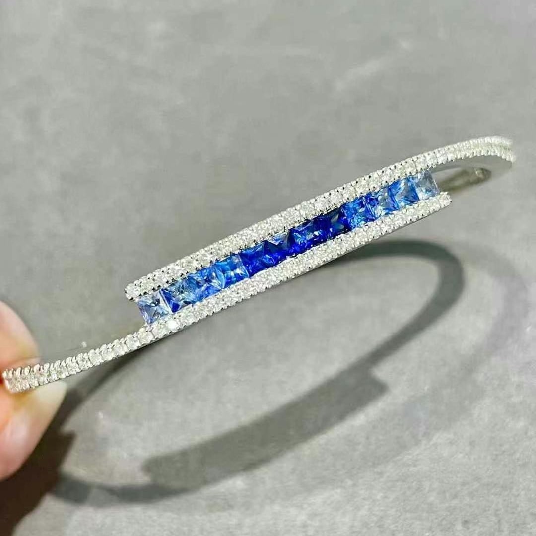 14k Gold 2.25 Ctw Natural Sapphire & Diamond Bangle - 5