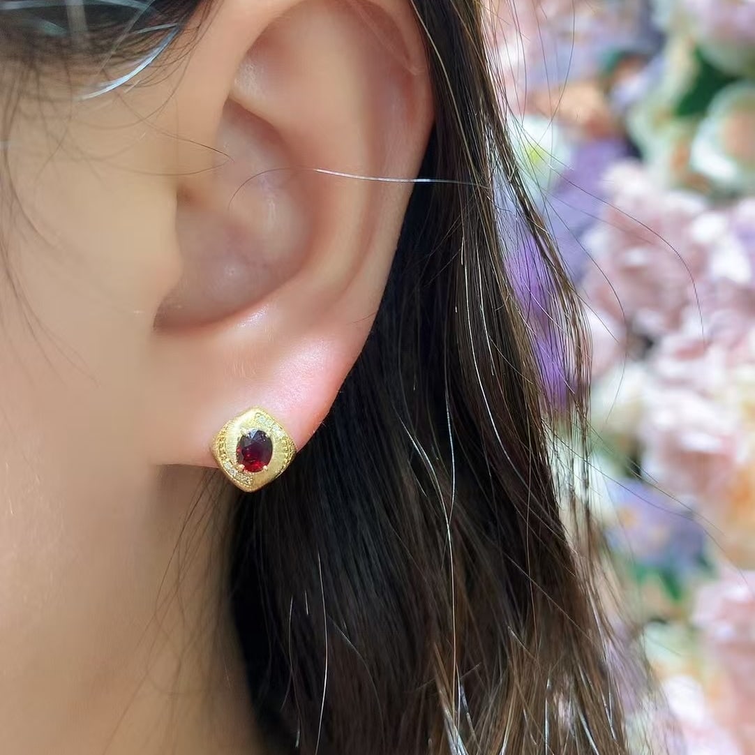14k Gold 1 Ct Natural Ruby & Diamond Earrings - 2