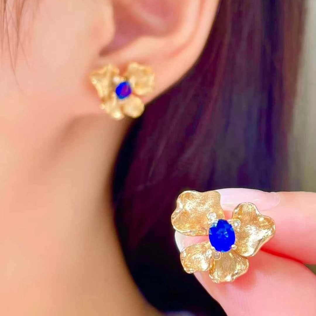 14k Gold 0.8 Ct Natural Sapphire & Diamond Earrings - 3