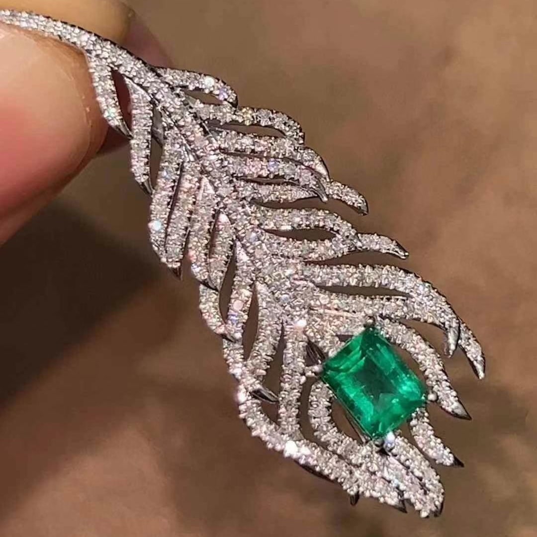 14k Gold 0.61 Ct Natural Emerald & Diamond Brooch/pendant( Without Chain ) - 2