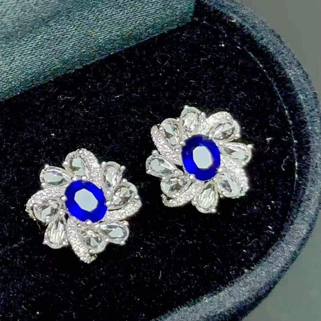 14k Gold 0.8 Ct Natural Sapphire & Diamond & Sapphire Earrings - 3