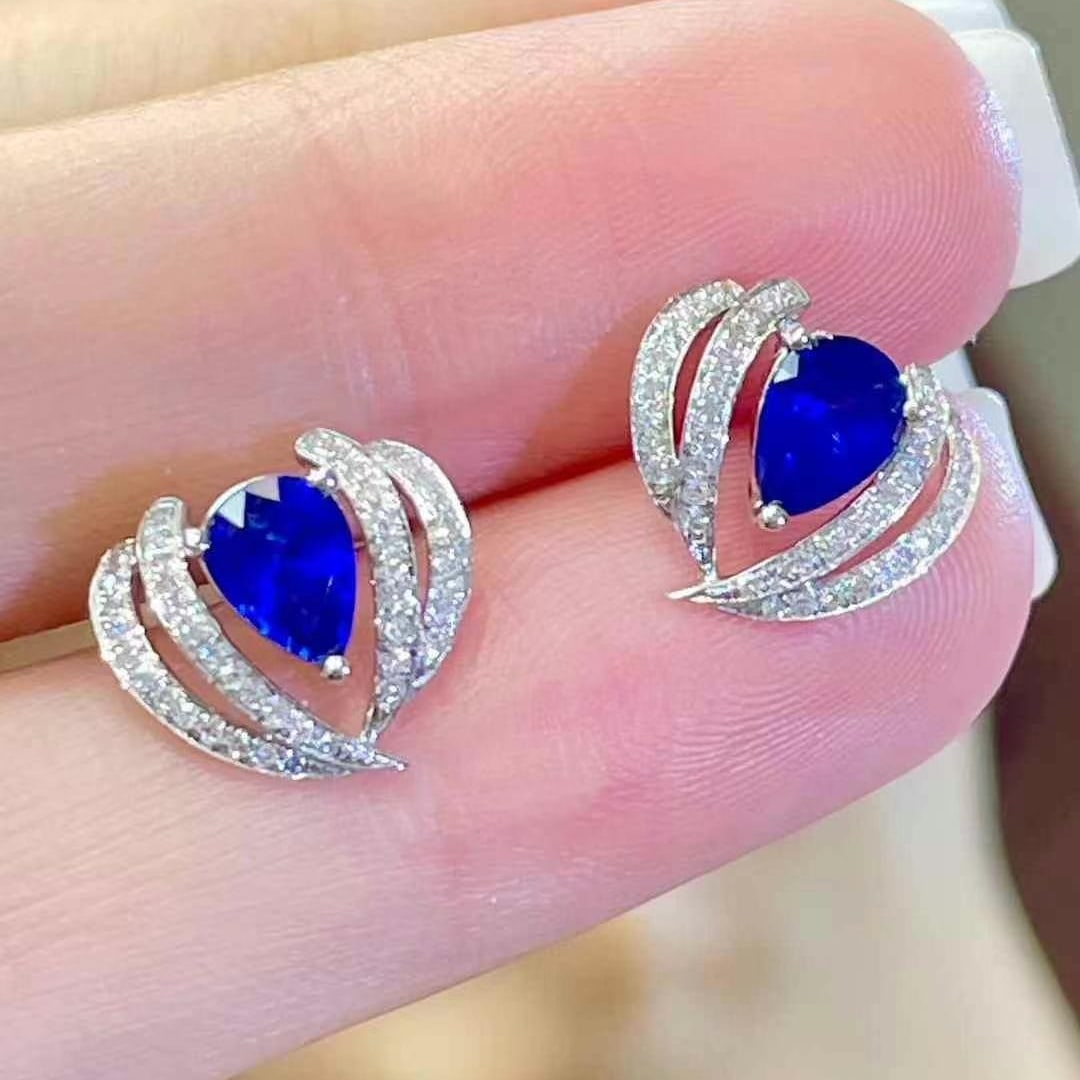 14k Gold 1.1 Ct Natural Sapphire & Diamond Earrings - 4
