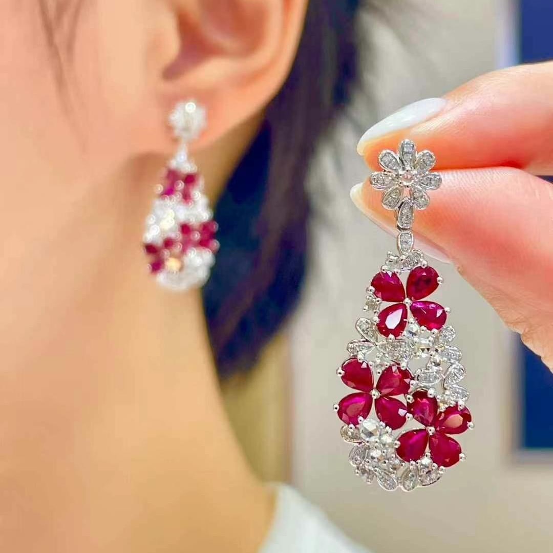 14k Gold 4.5 Ct Natural Ruby & Diamond Earrings - 2