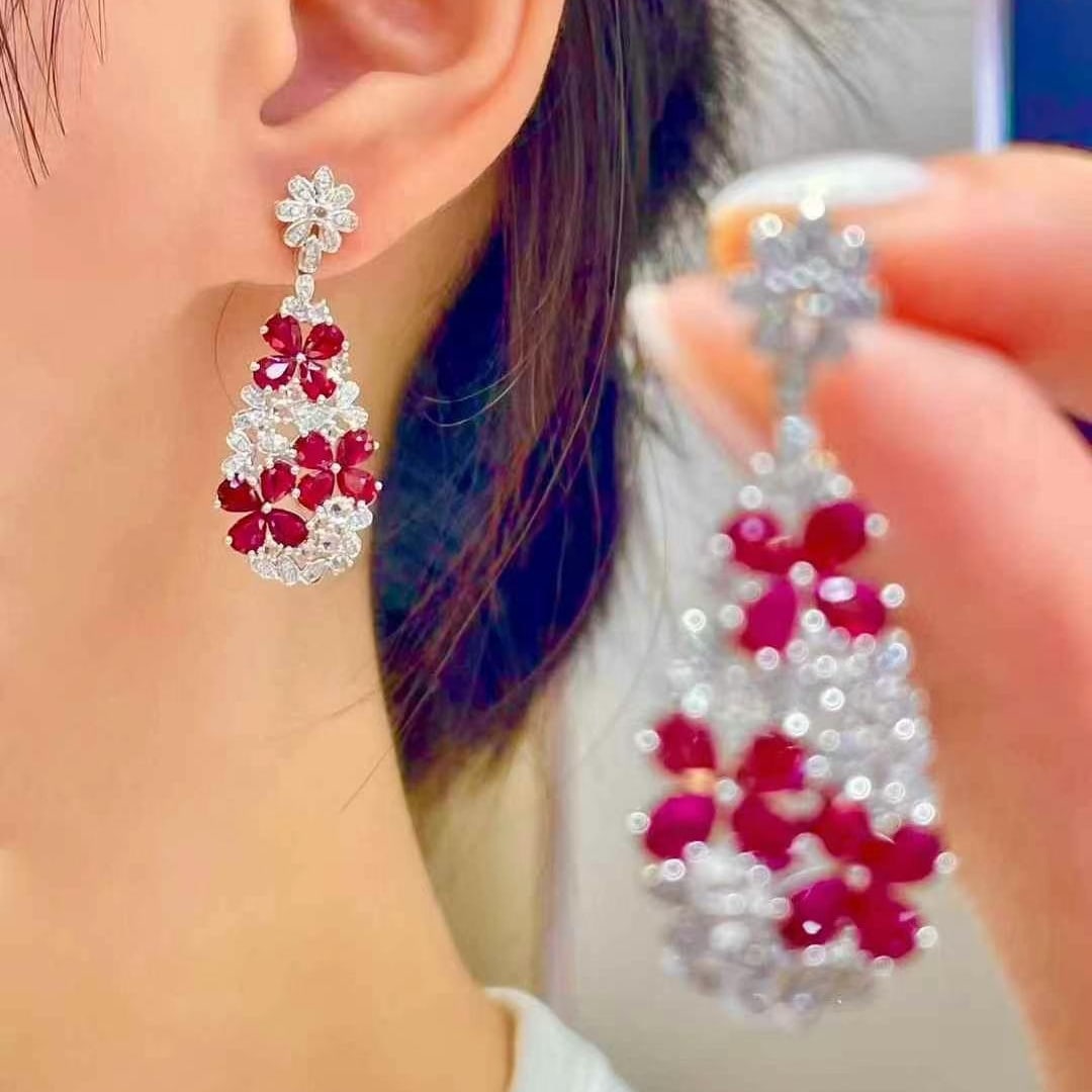 14k Gold 4.5 Ct Natural Ruby & Diamond Earrings - 3