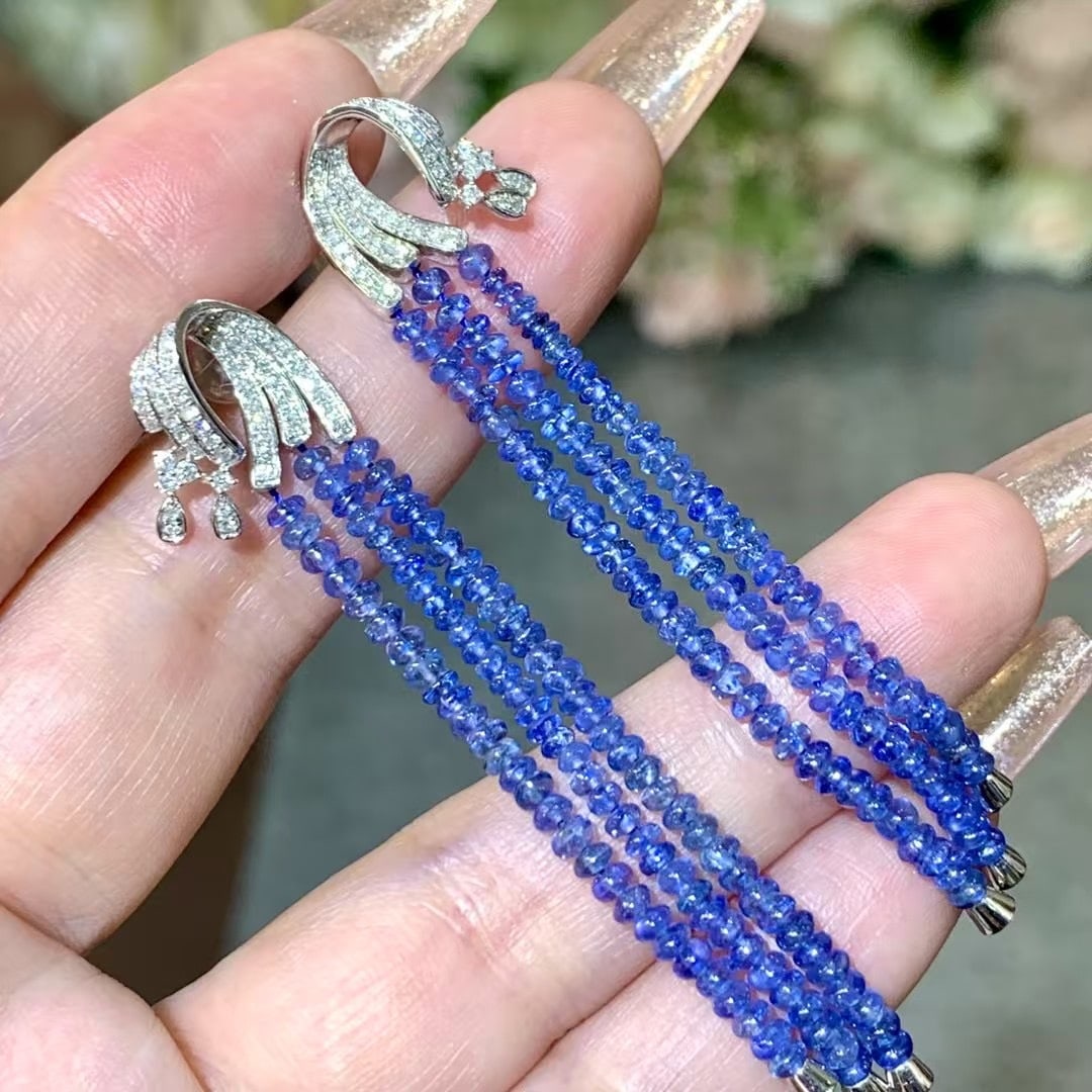 14k Gold 14.52 Ctw Natural Sapphire & Diamond Earrings: Ref:230968229 // gold content:14k gold // main gemstone:sapphire // shape:bead // carat weight:14ct // color:blue // treatment:natural // // adjacent gemstone 2 : diamond // shape:round // carat