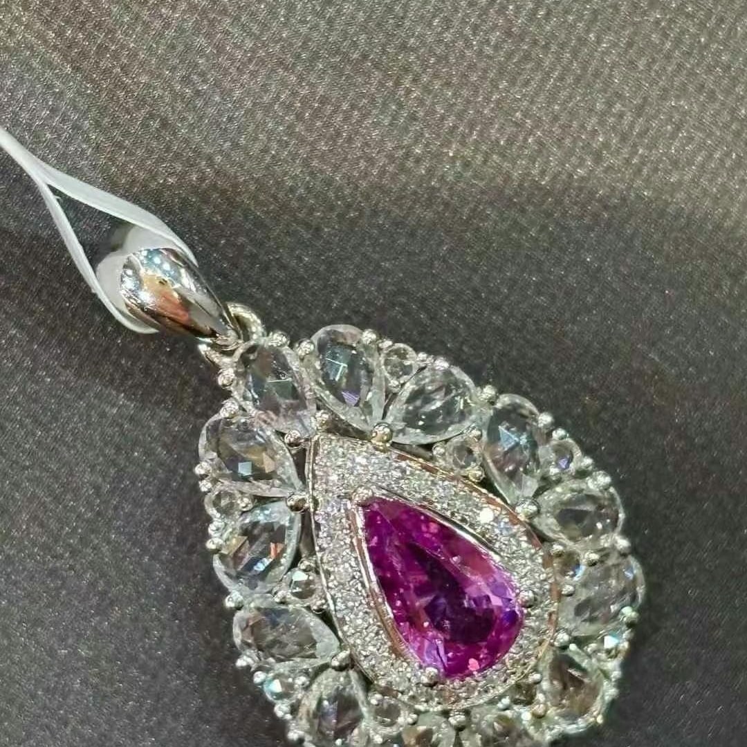 14k Gold 1 Ct Natural Sapphire & Diamond & Sapphire Pendant( Without Chain ): Ref:230968220 // gold content:14k gold // main gemstone:sapphire // shape:pear // carat weight:1ct // color:purple // treatment:natural // // adjacent gemstone 2 : diamond // shape:round // clarity