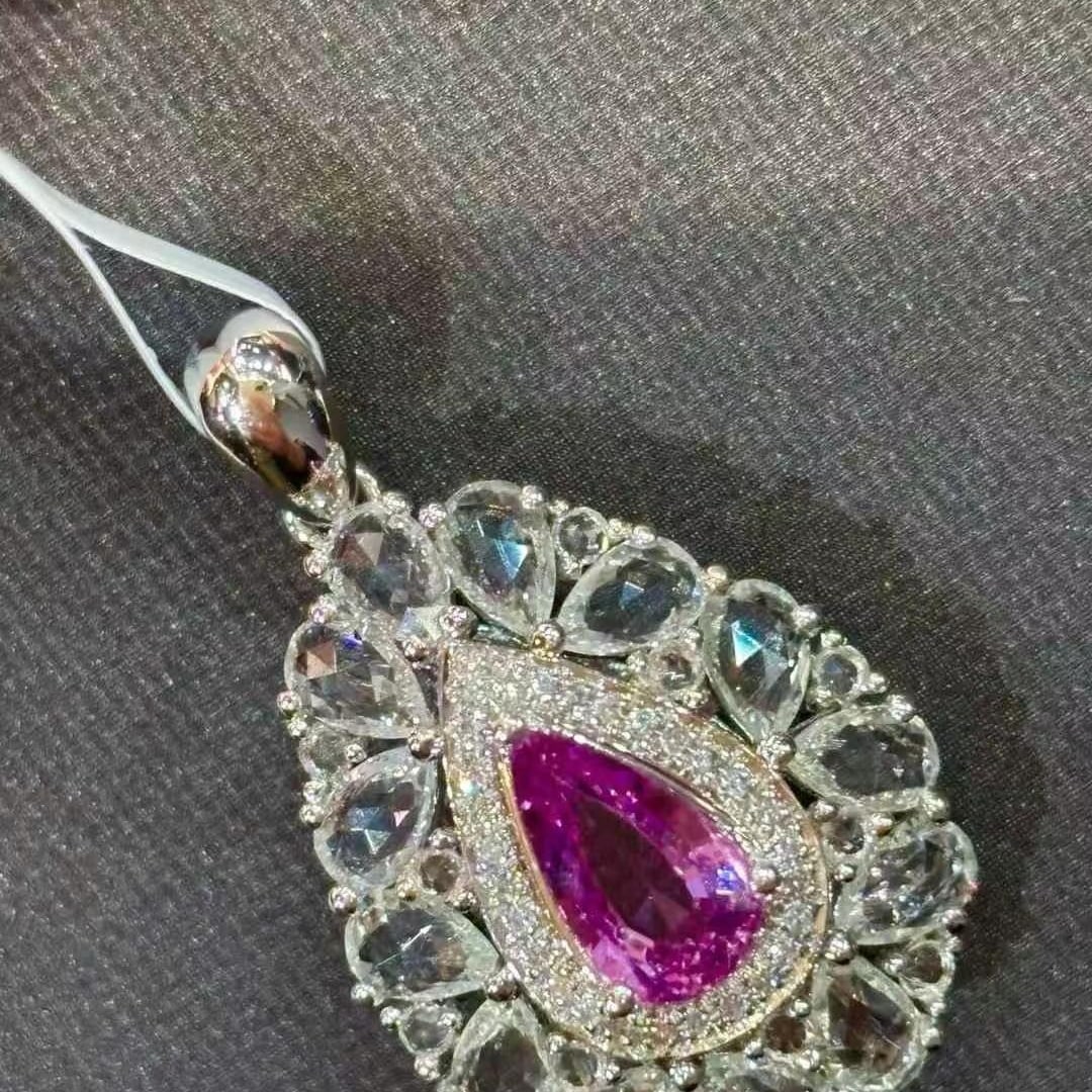 14k Gold 1 Ct Natural Sapphire & Diamond & Sapphire Pendant( Without Chain ) - 2