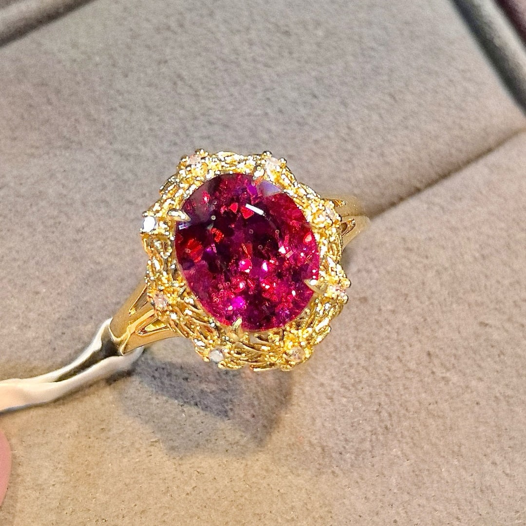 14k Gold 3.47 Ctw Natural Tourmaline & Diamond Ring: Ref:230968247 // gold content:14k gold // ring size:7. 25us // // main gemstone:tourmaline // shape:oval // carat weight:3. 41ct // color:red // treatment:natural // // adjacent gemstone 2 : diamond