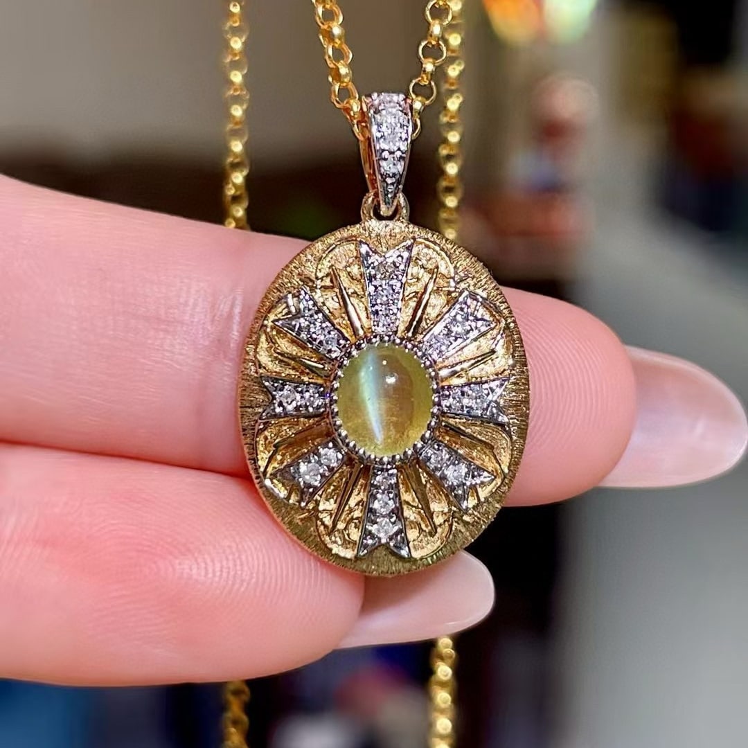 14k Gold 1.22 Ctw Natural Cat's?Eye & Diamond Pendant( Without Chain ): Ref:230968277 // gold content:14k gold // main gemstone:cat's? Eye // shape:oval // carat weight:1. 12ct // color:yellow // treatment:natural // // adjacent gemstone 2 : diamond // shape:round //