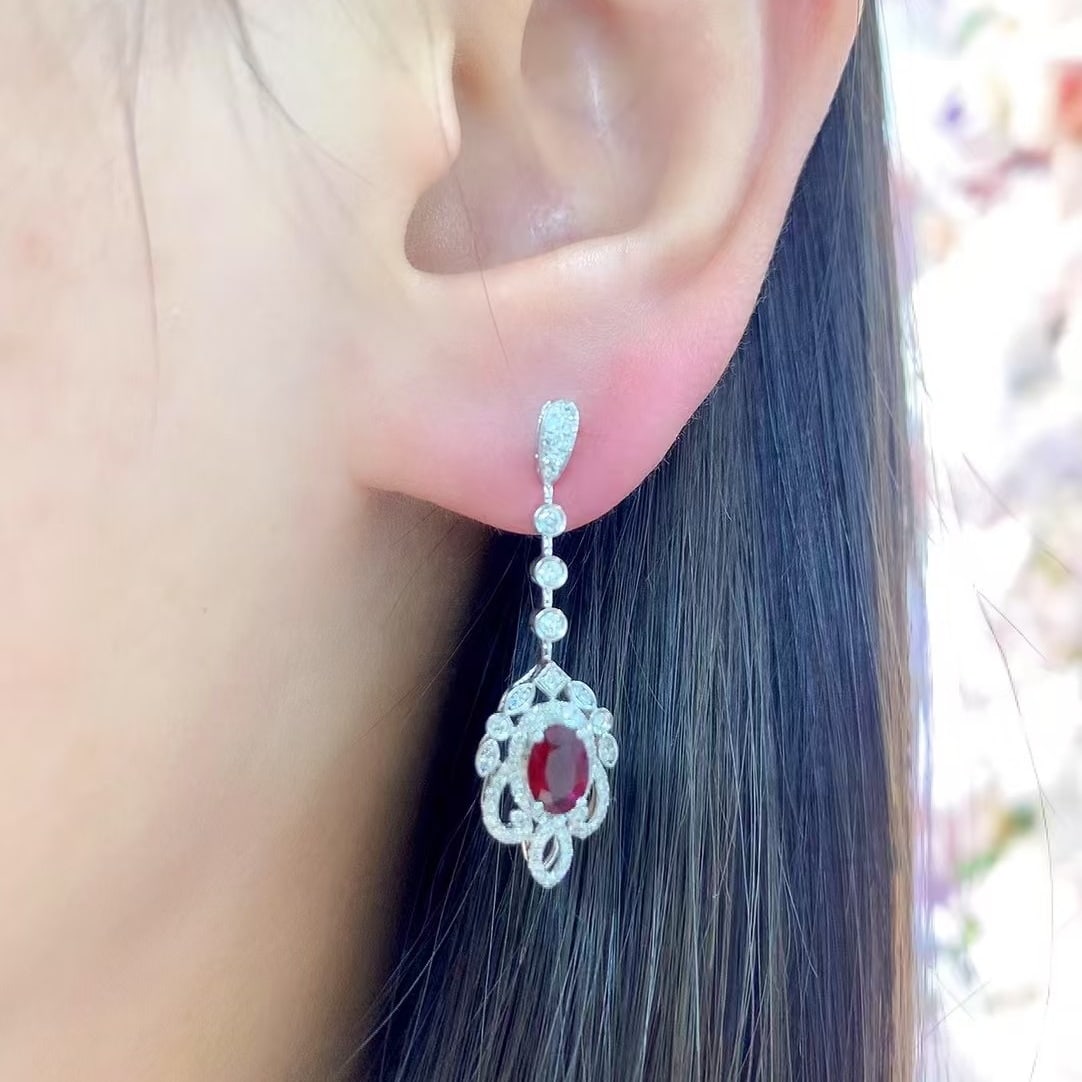 14k Gold 1.2 Ct Natural Ruby & Diamond Earrings - 2