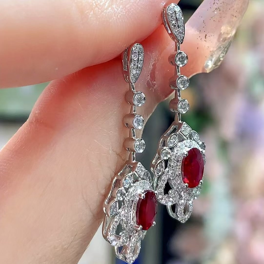 14k Gold 1.2 Ct Natural Ruby & Diamond Earrings - 4