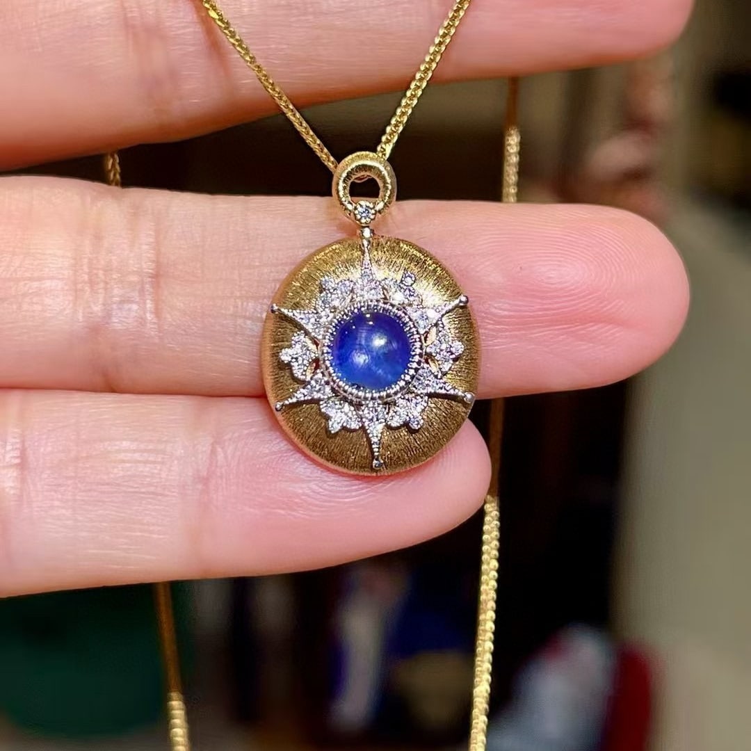 14k Gold 1.09 Ctw Natural Sapphire & Diamond Pendant( Without Chain ): Ref:230968289 // gold content:14k gold // main gemstone:sapphire // shape:round // carat weight:1. 02ct // color:blue // treatment:natural // cut grade:g // // adjacent gemstone 2 : diamond //